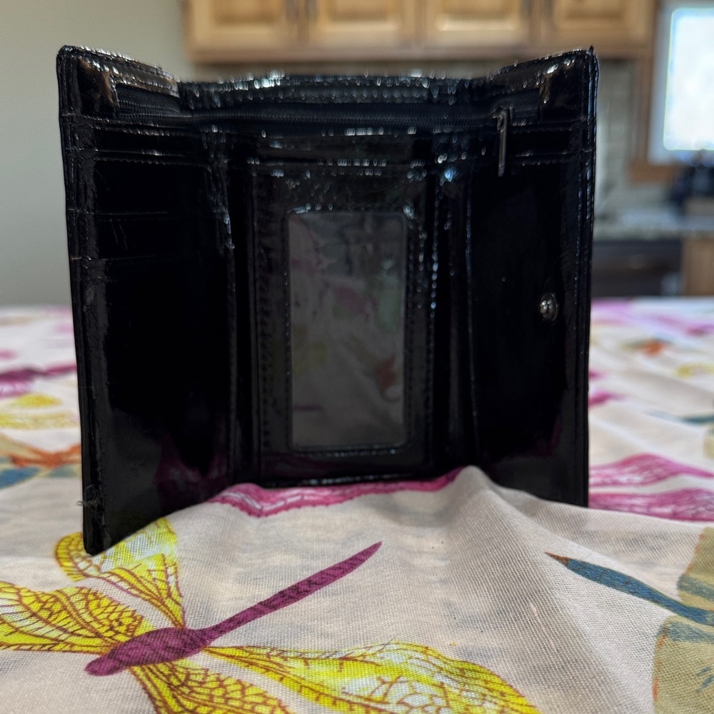Coach Black Patent Leather Wallet Trifold Compact Snap Logo - Picture 3 of 8